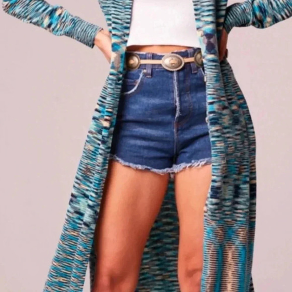 Band Of Gypsies Long Temo Cardigan Blue/Beige Slit Side Button Up SIZE S WOMEN'S - Picture 4 of 16